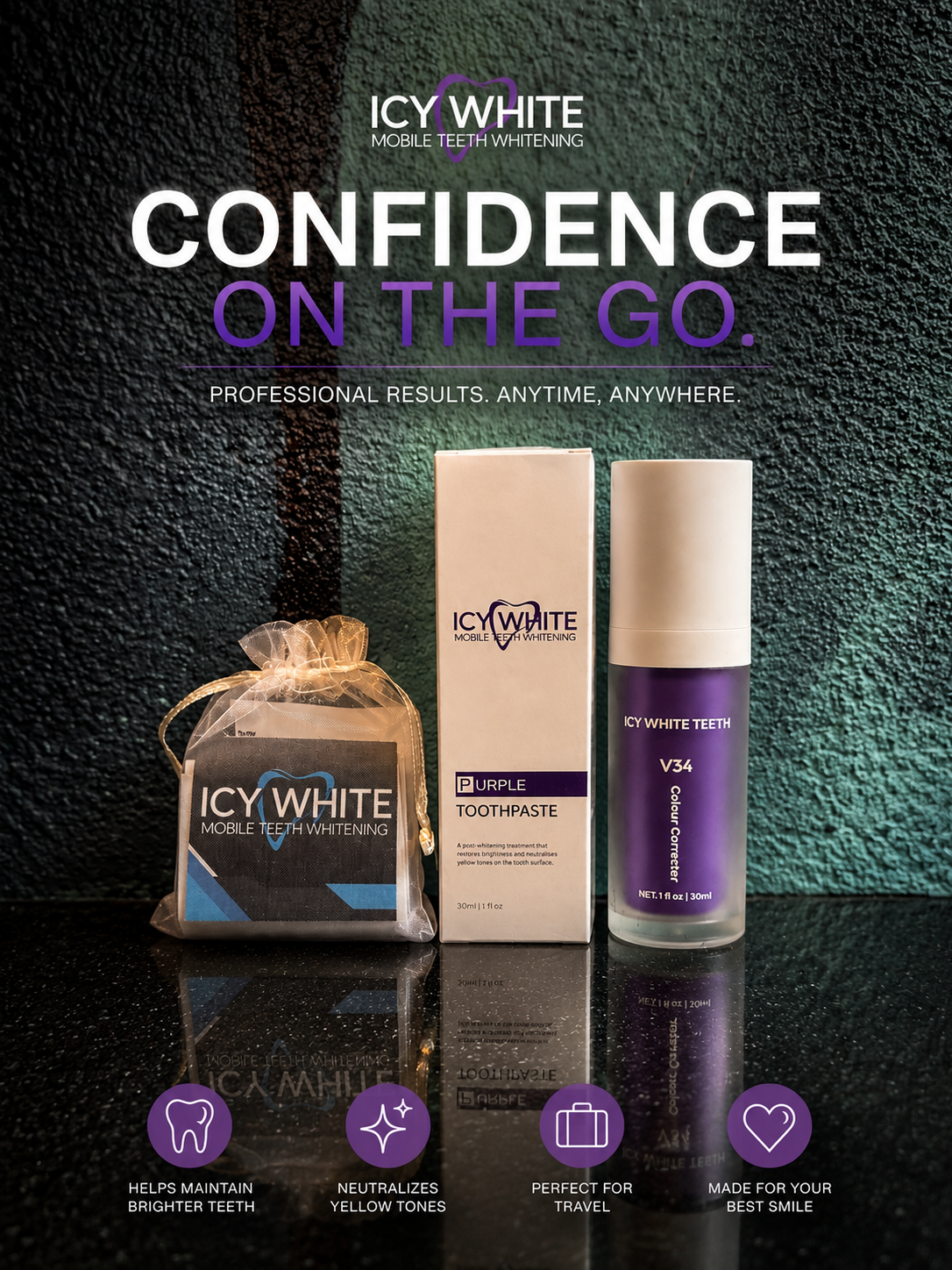 IcyWhite: Confidence on the go. Professional results, anytime, anywhere. Purple toothpaste and V34 Colour Corrector kit.
