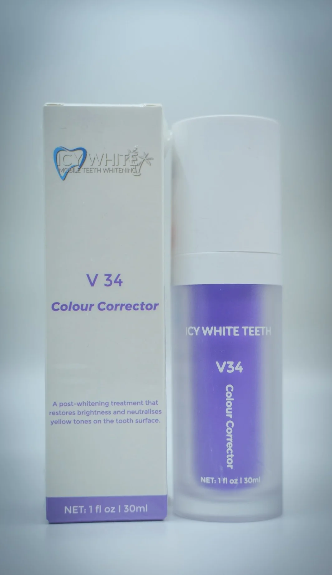 IcyWhite V34 Colour Corrector purple paste bottle and box